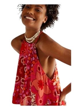 Free People I Dare You Floral Mixed Print Red Boho Swing Tank Small EUC Halter